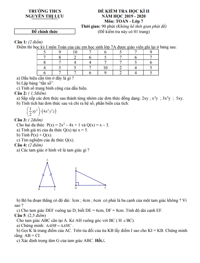 Đề thi cuối kỳ 2 Toán 7 năm 2019 – 2020 trường THCS Nguyễn Thị Lựu – Đồng Tháp