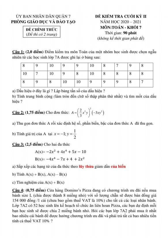Đề thi cuối kỳ 2 Toán 7 năm 2020 – 2021 phòng GD&ĐT quận 7 – TP HCM