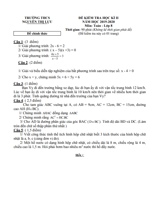 Đề thi cuối kỳ 2 Toán 8 năm 2019 – 2020 trường THCS Nguyễn Thị Lựu – Đồng Tháp
