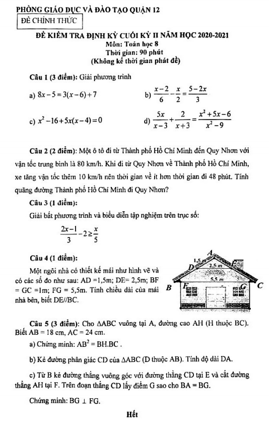 Đề thi cuối kỳ 2 Toán 8 năm 2020 – 2021 phòng GD&ĐT quận 12 – TP HCM