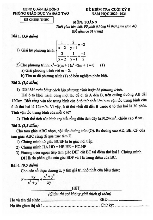 Đề thi cuối kỳ 2 Toán 9 năm 2020 – 2021 phòng GD&ĐT Hà Đông – Hà Nội