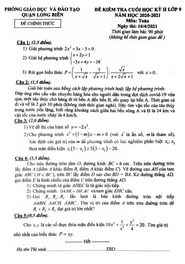Đề thi cuối kỳ 2 Toán 9 năm 2020 – 2021 phòng GD&ĐT Long Biên – Hà Nội