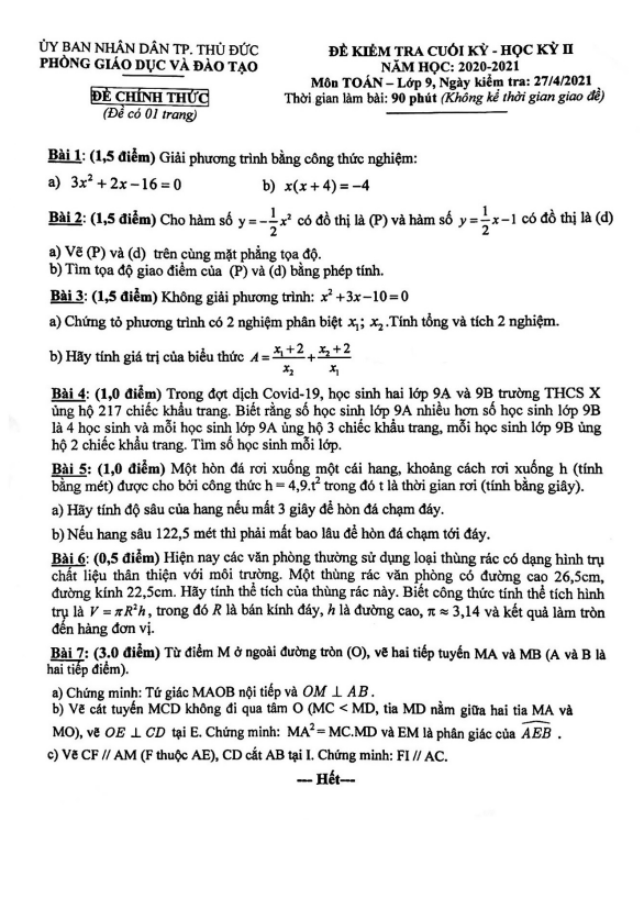 Đề thi cuối kỳ 2 Toán 9 năm 2020 – 2021 phòng GD&ĐT Thủ Đức – TP HCM