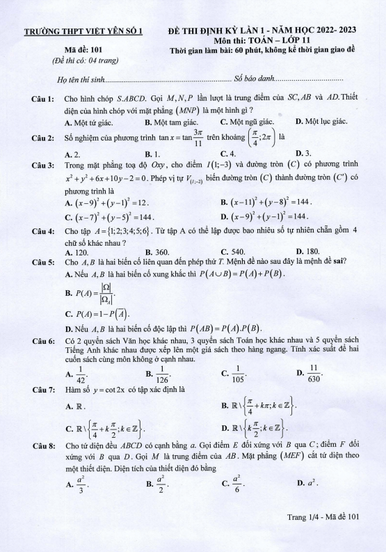 Đề thi định kỳ lần 1 Toán 11 năm 2022 – 2023 trường THPT Việt Yên 1 – Bắc Giang