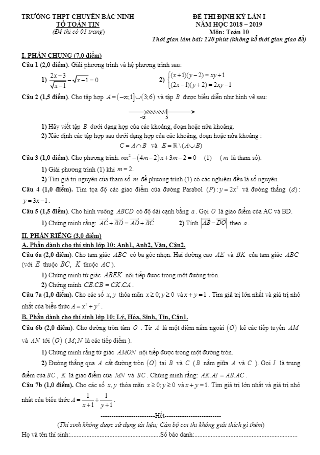 Đề thi định kỳ Toán 10 năm học 2018 – 2019 trường THPT chuyên Bắc Ninh lần 1