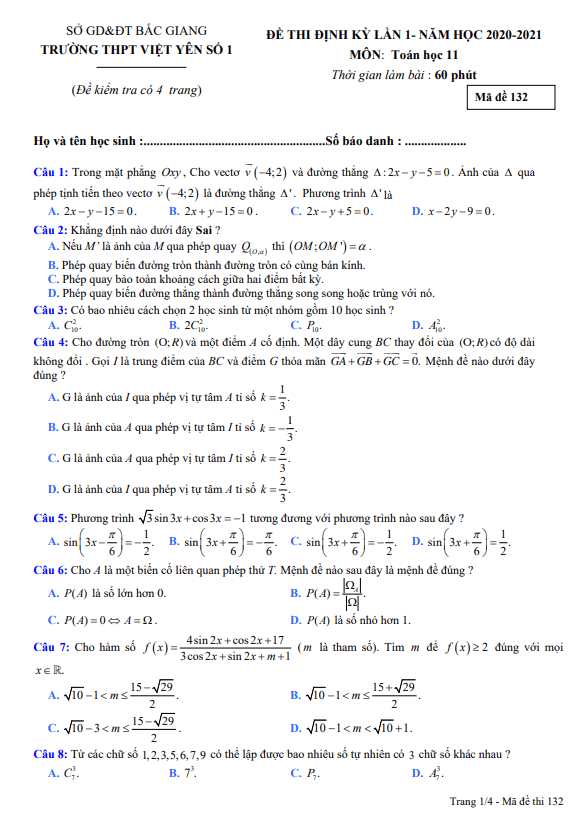 Đề thi định kỳ Toán 11 lần 1 năm 2020 – 2021 trường Việt Yên 1 – Bắc Giang