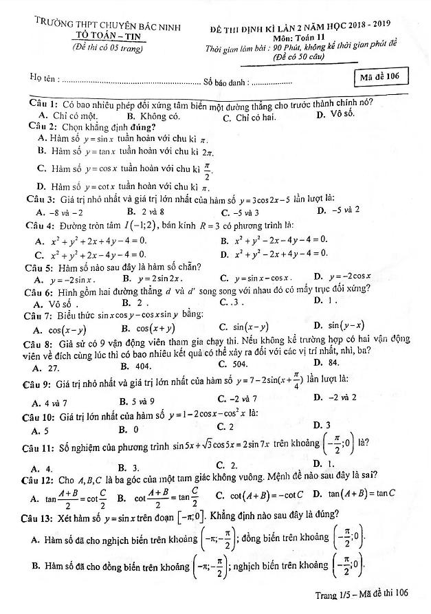 Đề thi định kỳ Toán 11 năm 2018 – 2019 trường THPT chuyên Bắc Ninh lần 2