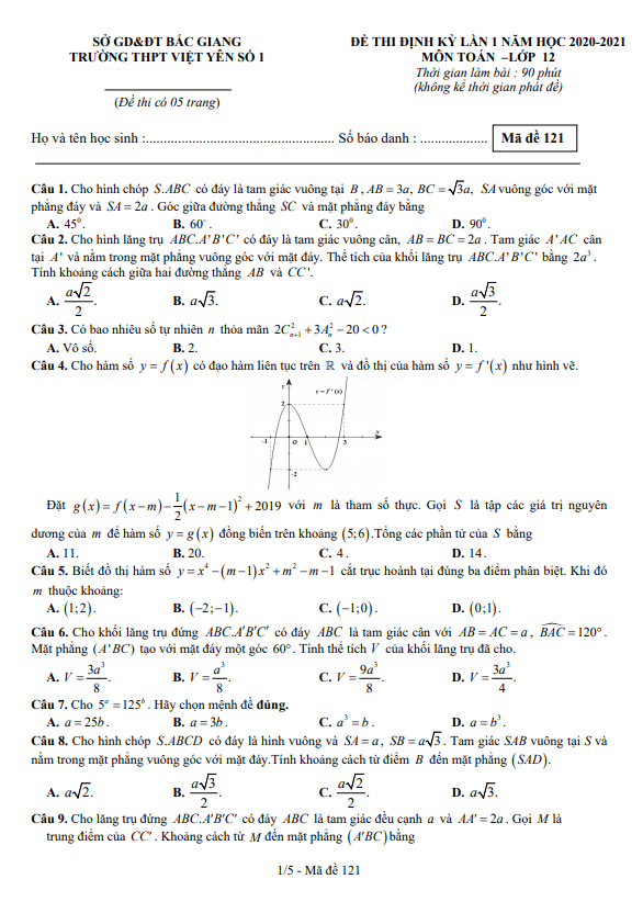 Đề thi định kỳ Toán 12 lần 1 năm 2020 – 2021 trường Việt Yên 1 – Bắc Giang