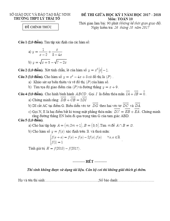 Đề thi giữa HK1 năm 2017 – 2018 môn Toán 10 trường THPT Lý Thái Tổ – Bắc Ninh