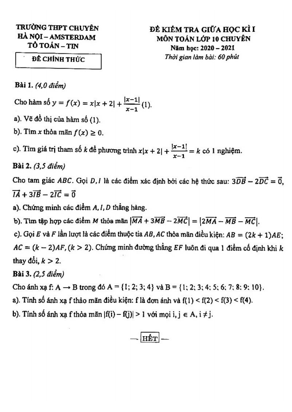Đề thi giữa HK1 Toán 10 chuyên năm 2020 – 2021 trường chuyên Hà Nội – Amsterdam