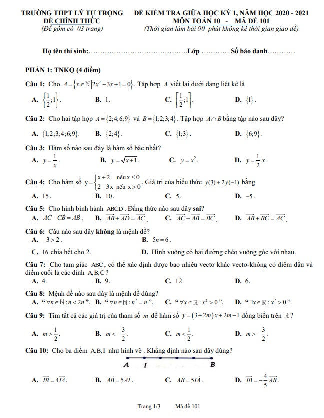 Đề thi giữa HK1 Toán 10 năm 2020 – 2021 trường THPT Lý Tự Trọng – Hà Tĩnh