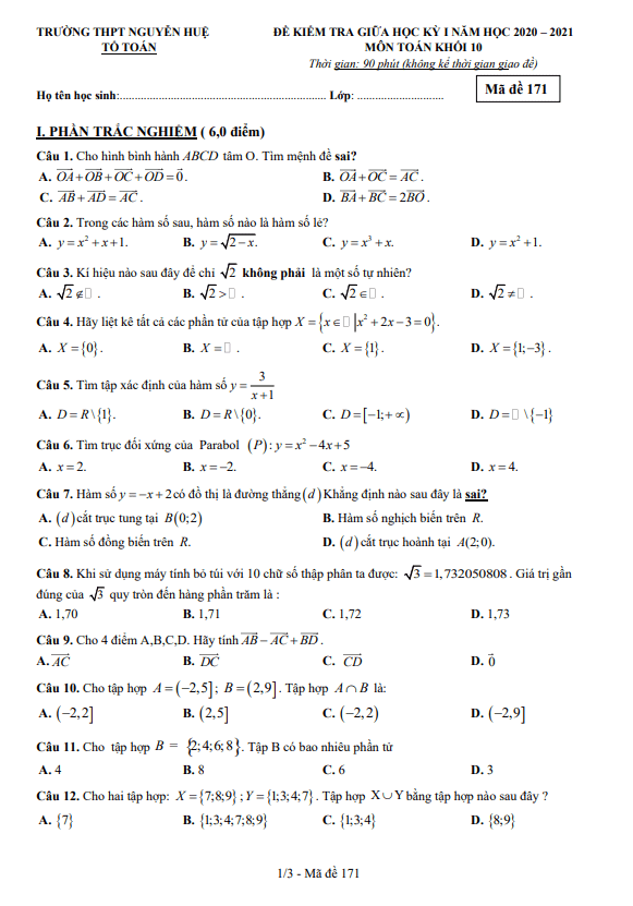 Đề thi giữa HK1 Toán 10 năm 2020 – 2021 trường THPT Nguyễn Huệ – Đắk Lắk