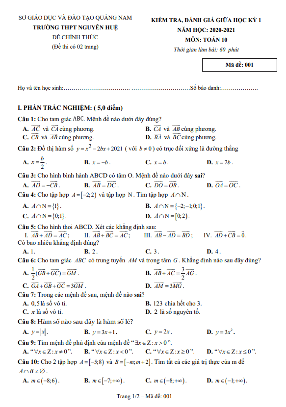 Đề thi giữa HK1 Toán 10 năm 2020 – 2021 trường THPT Nguyễn Huệ – Quảng Nam
