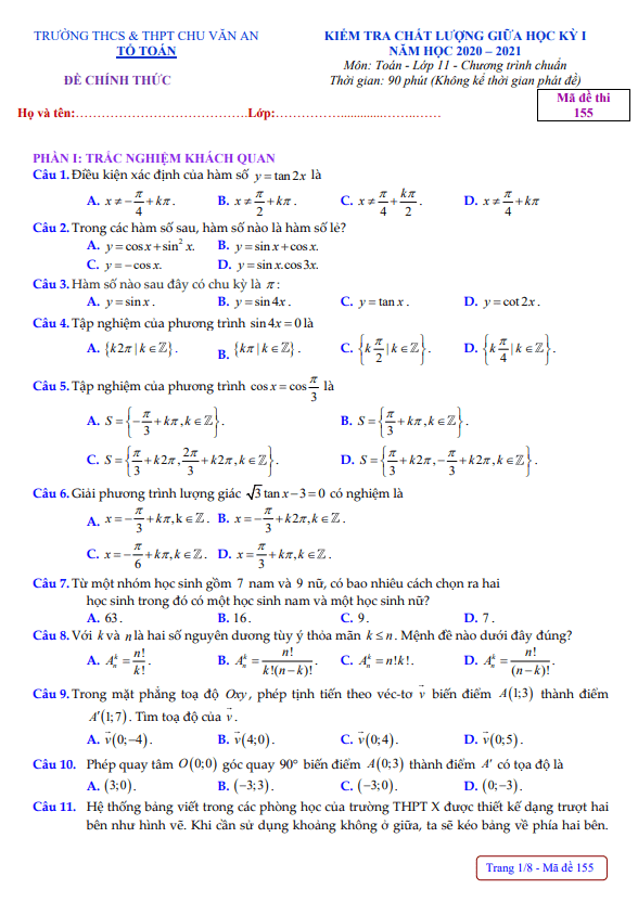 Đề thi giữa HK1 Toán 11 năm 2020 – 2021 trường Chu Văn An – Phú Yên