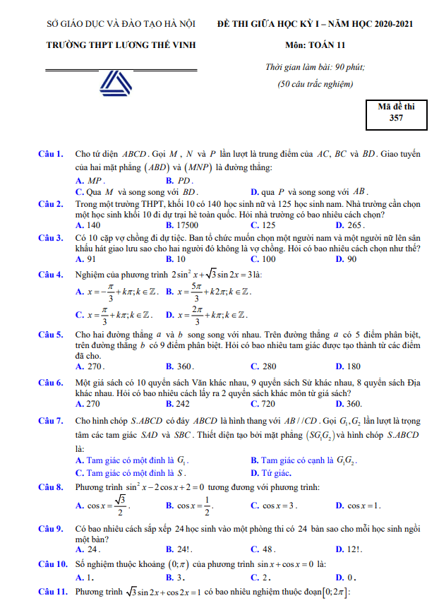 Đề thi giữa HK1 Toán 11 năm 2020 – 2021 trường Lương Thế Vinh – Hà Nội
