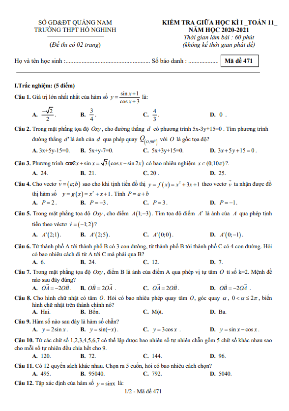 Đề thi giữa HK1 Toán 11 năm 2020 – 2021 trường THPT Hồ Nghinh – Quảng Nam