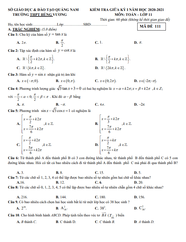 Đề thi giữa HK1 Toán 11 năm 2020 – 2021 trường THPT Hùng Vương – Quảng Nam