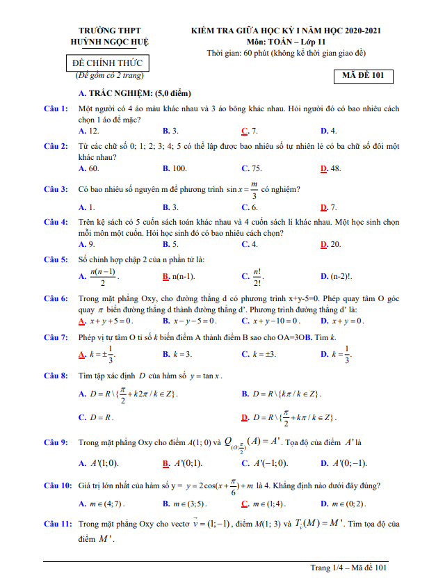Đề thi giữa HK1 Toán 11 năm 2020 – 2021 trường THPT Huỳnh Ngọc Huệ – Quảng Nam