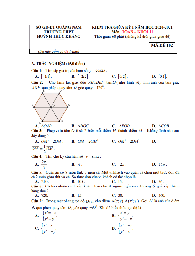 Đề thi giữa HK1 Toán 11 năm 2020 – 2021 trường THPT Huỳnh Thúc Kháng – Quảng Nam