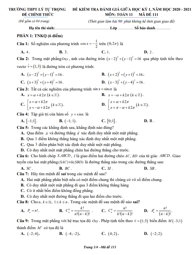 Đề thi giữa HK1 Toán 11 năm 2020 – 2021 trường THPT Lý Tự Trọng – Hà Tĩnh