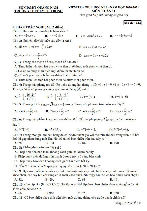 Đề thi giữa HK1 Toán 11 năm 2020 – 2021 trường THPT Lý Tự Trọng – Quảng Nam