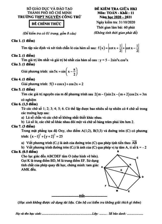 Đề thi giữa HK1 Toán 11 năm 2020 – 2021 trường THPT Nguyễn Công Trứ – TP HCM