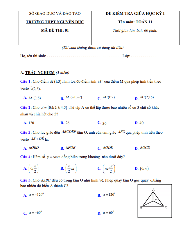 Đề thi giữa HK1 Toán 11 năm 2020 – 2021 trường THPT Nguyễn Dục – Quảng Nam