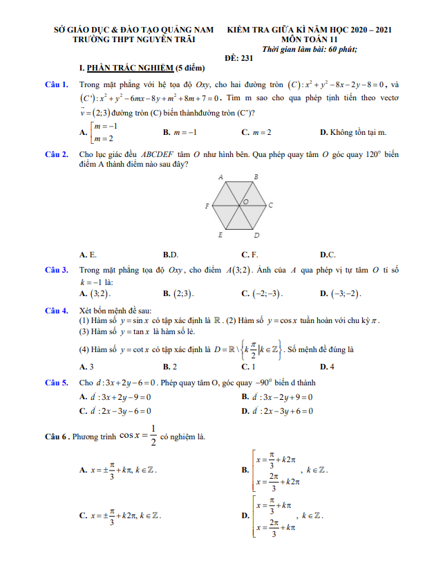 Đề thi giữa HK1 Toán 11 năm 2020 – 2021 trường THPT Nguyễn Trãi – Quảng Nam