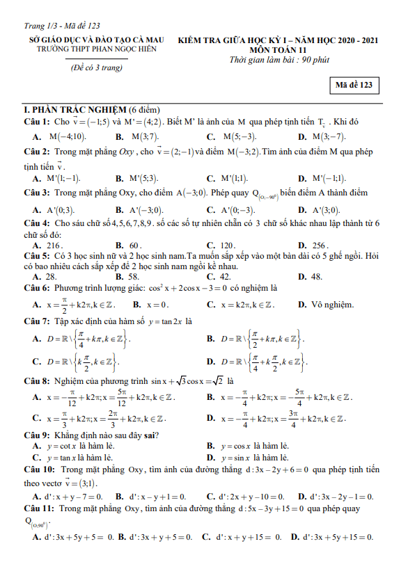 Đề thi giữa HK1 Toán 11 năm 2020 – 2021 trường THPT Phan Ngọc Hiển – Cà Mau