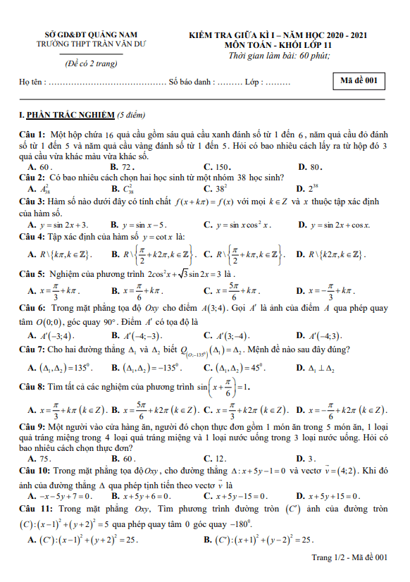 Đề thi giữa HK1 Toán 11 năm 2020 – 2021 trường THPT Trần Văn Dư – Quảng Nam
