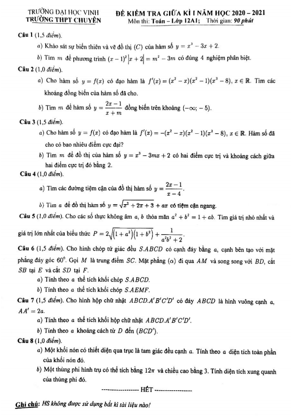 Đề thi giữa HK1 Toán 12 năm 2020 – 2021 trường THPT chuyên ĐH Vinh – Nghệ An