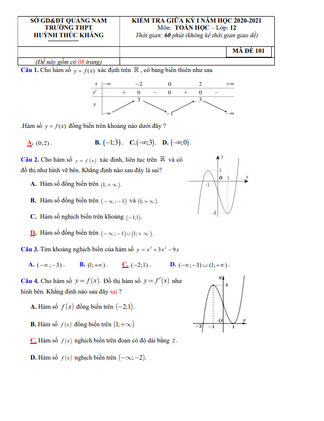 Đề thi giữa HK1 Toán 12 năm 2020 – 2021 trường THPT Huỳnh Thúc Kháng – Quảng Nam