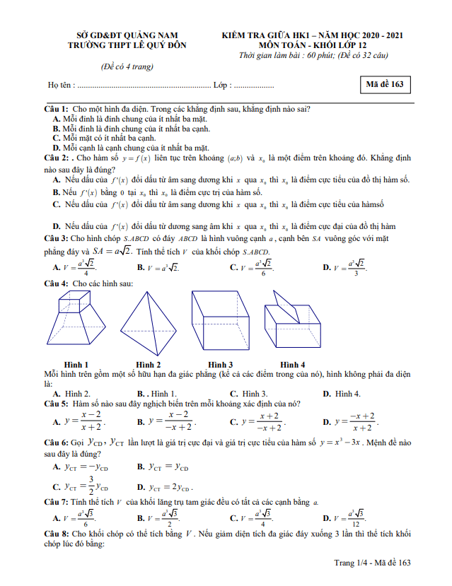 Đề thi giữa HK1 Toán 12 năm 2020 – 2021 trường THPT Lê Quý Đôn – Quảng Nam