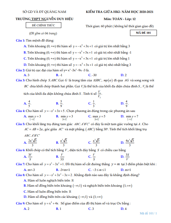 Đề thi giữa HK1 Toán 12 năm 2020 – 2021 trường THPT Nguyễn Duy Hiệu – Quảng Nam