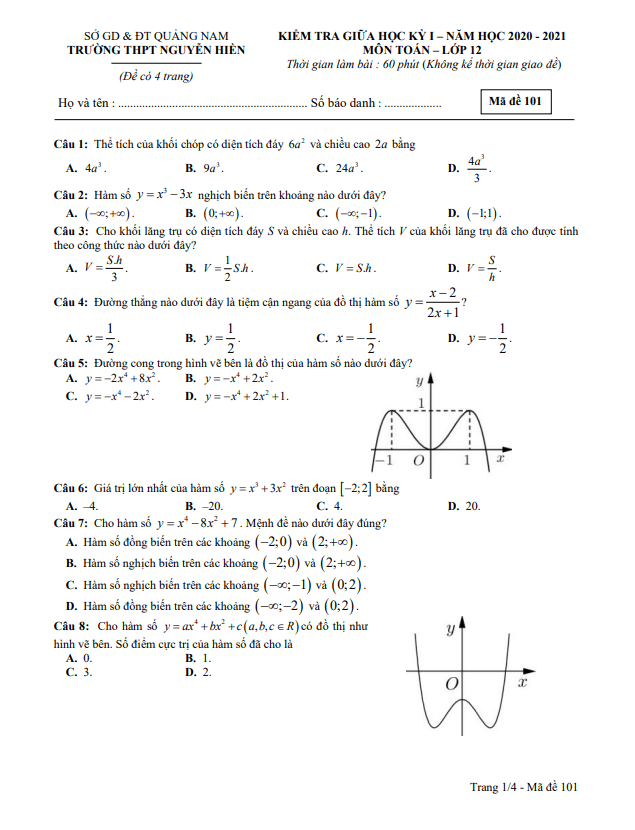 Đề thi giữa HK1 Toán 12 năm 2020 – 2021 trường THPT Nguyễn Hiền – Quảng Nam