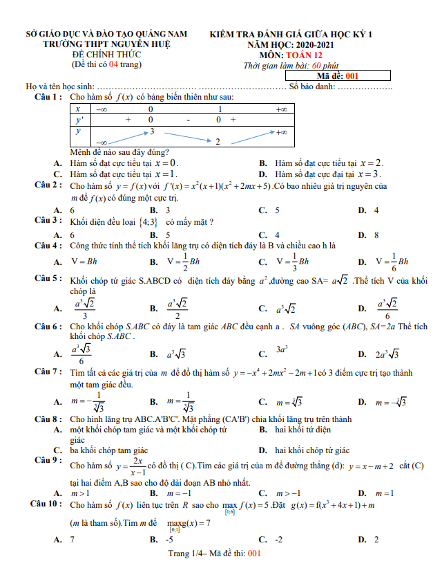 Đề thi giữa HK1 Toán 12 năm 2020 – 2021 trường THPT Nguyễn Huệ – Quảng Nam