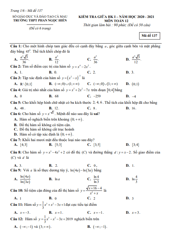 Đề thi giữa HK1 Toán 12 năm 2020 – 2021 trường THPT Phan Ngọc Hiển – Cà Mau