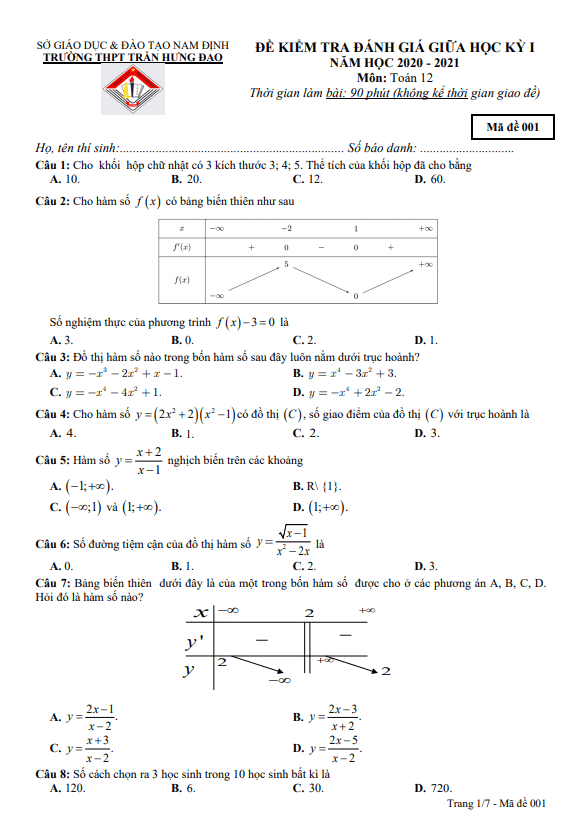 Đề thi giữa HK1 Toán 12 năm 2020 – 2021 trường THPT Trần Hưng Đạo – Nam Định