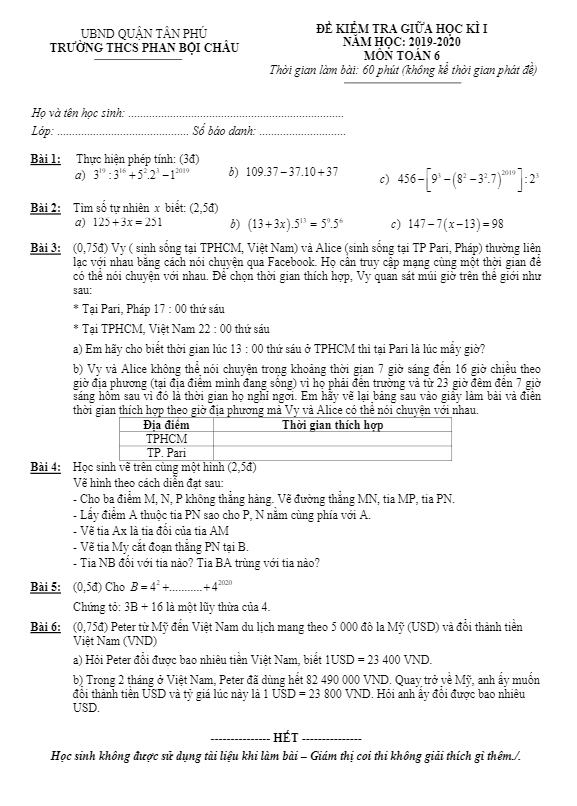 Đề thi giữa HK1 Toán 6 năm 2019 – 2020 trường THCS Phan Bội Châu – TP HCM