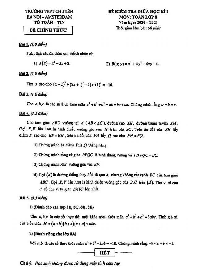 Đề thi giữa HK1 Toán 8 năm 2020 – 2021 trường chuyên Hà Nội – Amsterdam