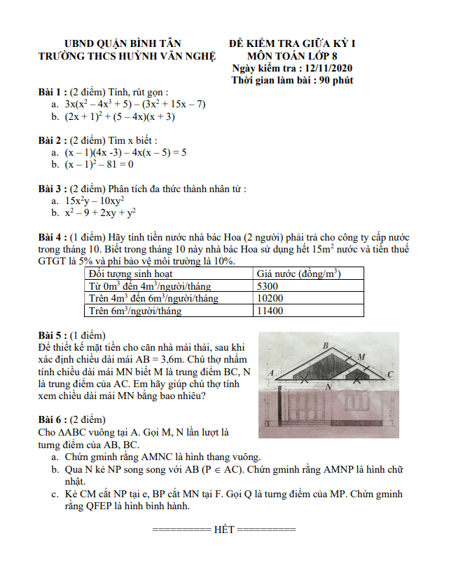 Đề thi giữa HK1 Toán 8 năm 2020 – 2021 trường THCS Huỳnh Văn Nghệ – TP HCM