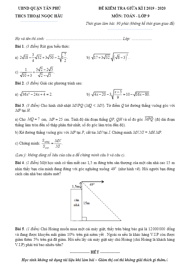 Đề thi giữa HK1 Toán 9 năm 2019 – 2020 trường Thoại Ngọc Hầu – TP HCM