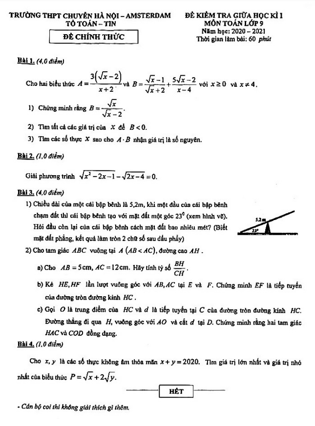 Đề thi giữa HK1 Toán 9 năm 2020 – 2021 trường chuyên Hà Nội – Amsterdam