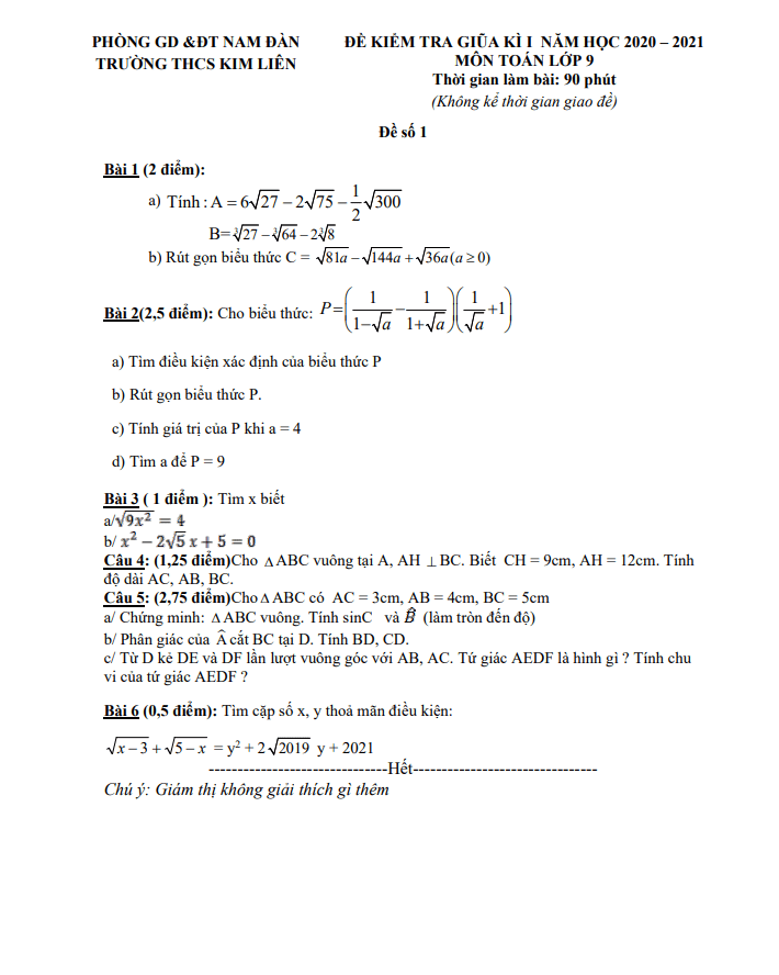 Đề thi giữa HK1 Toán 9 năm 2020 – 2021 trường THCS Kim Liên – Nghệ An