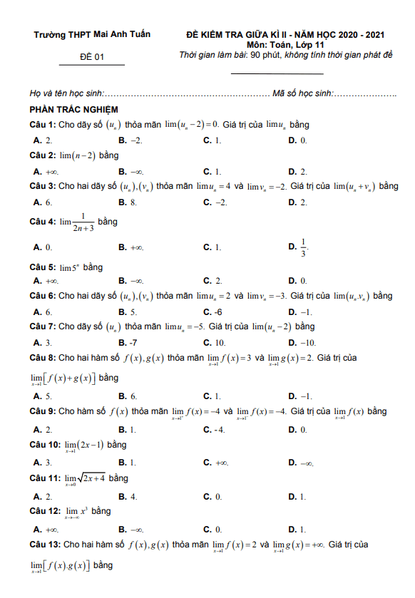 Đề thi giữa HK2 Toán 11 năm 2020 – 2021 trường THPT Mai Anh Tuấn – Thanh Hóa