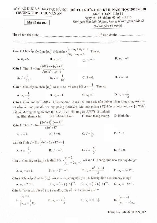 Đề thi giữa HK2 Toán 11 năm học 2017 – 2018 trường THPT Chu Văn An – Hà Nội