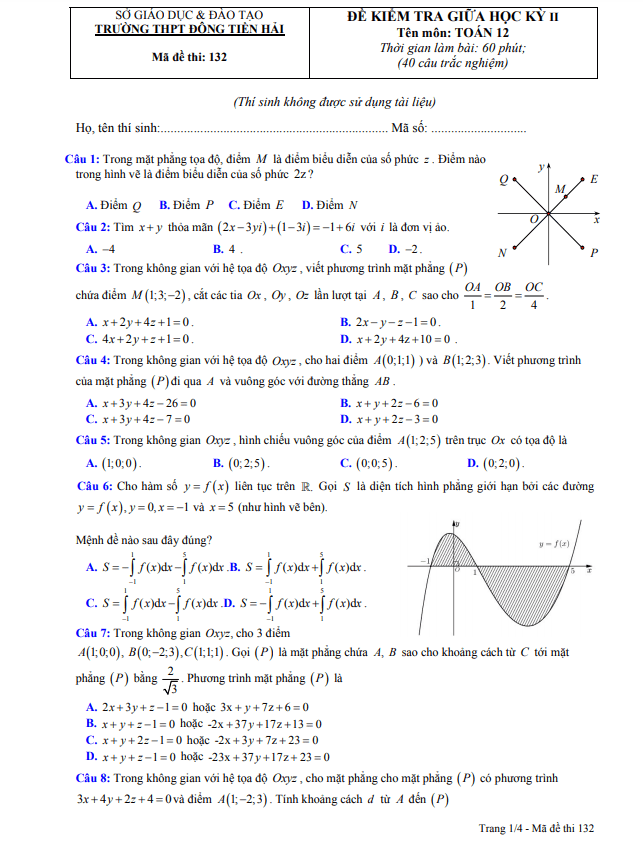 Đề thi giữa HK2 Toán 12 năm 2020 – 2021 trường Đông Tiền Hải – Thái Bình