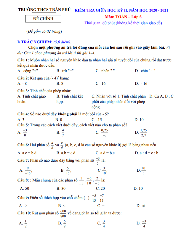 Đề thi giữa HK2 Toán 6 năm 2020 – 2021 trường THCS Trần Phú – Quảng Nam