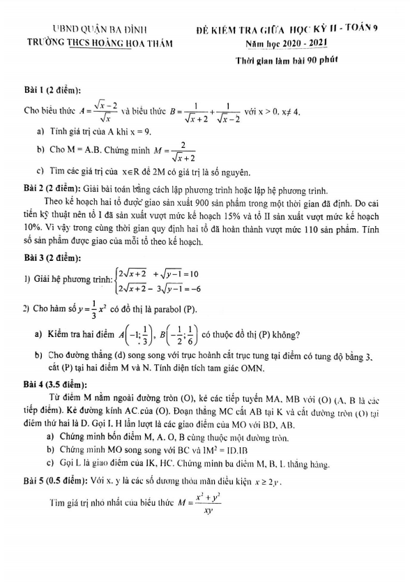Đề thi giữa HK2 Toán 9 năm 2020 – 2021 trường THCS Hoàng Hoa Thám – Hà Nội