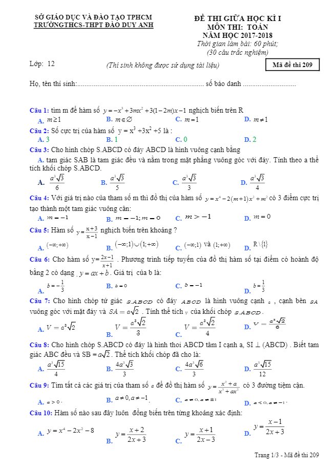 Đề thi giữa HKI môn Toán 12 năm học 2017 – 2018 trường THCS – THPT Đào Duy Anh – TP. HCM